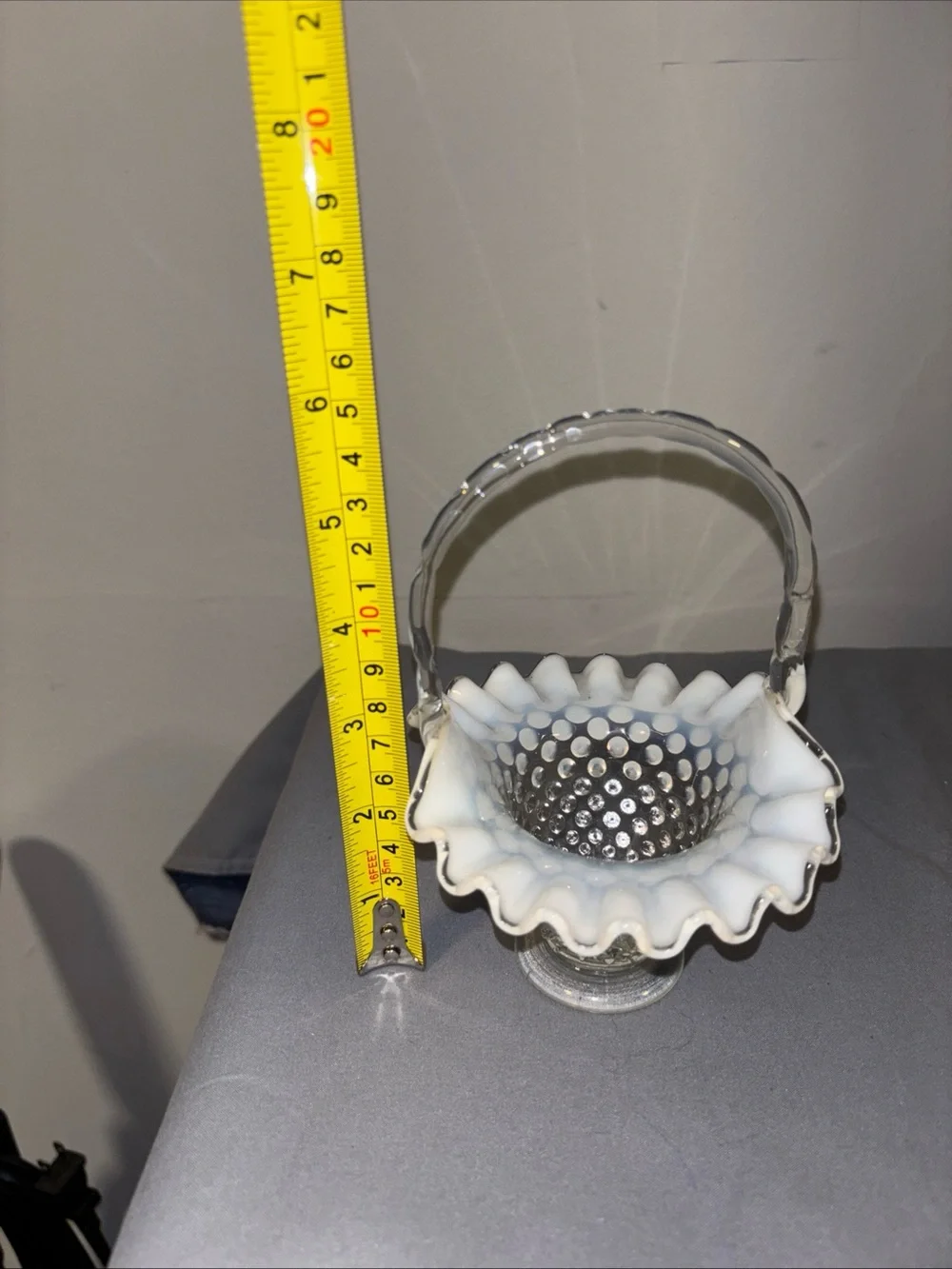 Fenton White Hobnail Milk Glass Basket with Clear Handle